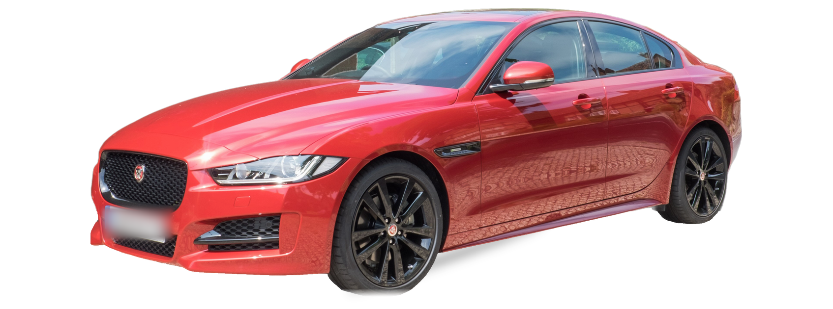 Jaguar XE rojo (primera generación), sedán, vista frontal de tres cuartos, con las ubicaciones del VIN marcadas