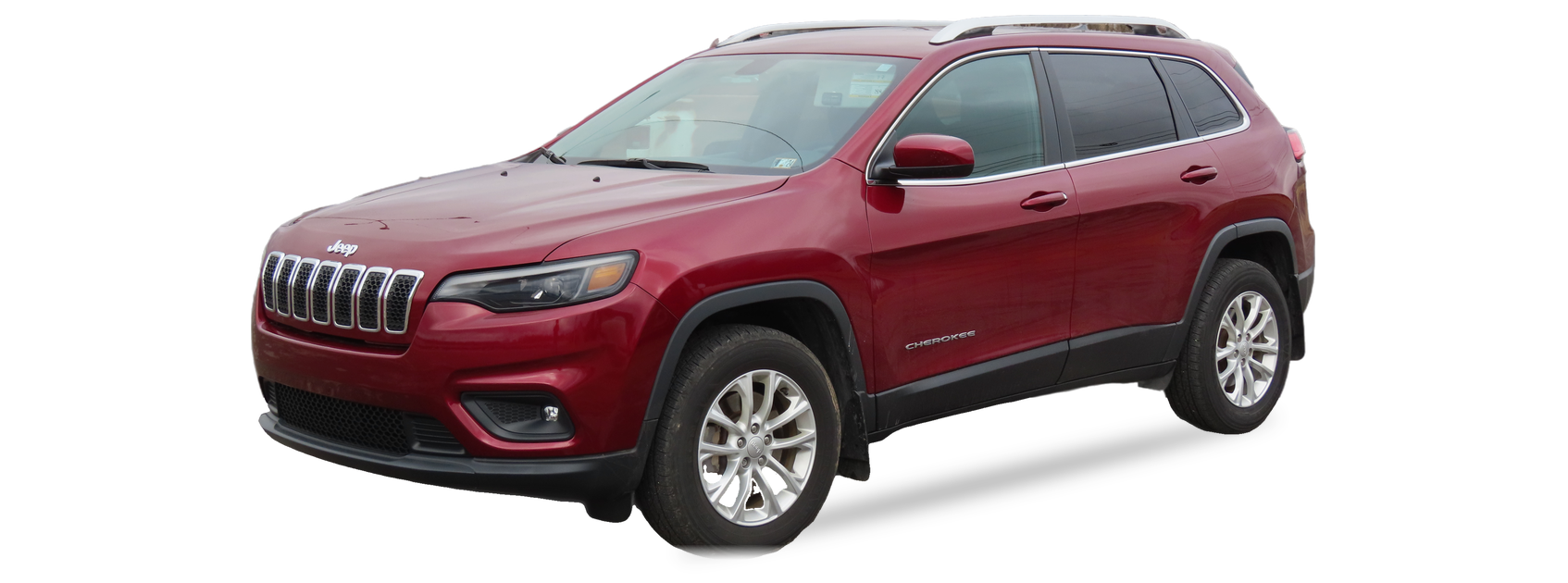 Jeep Cherokee rojo (quinta generación), SUV, vista frontal de tres cuartos, con las ubicaciones del VIN marcadas