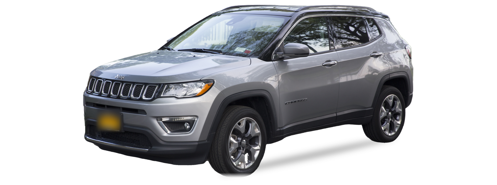 Jeep Compass plateado (segunda generación), SUV, vista frontal de tres cuartos, con las ubicaciones del VIN marcadas
