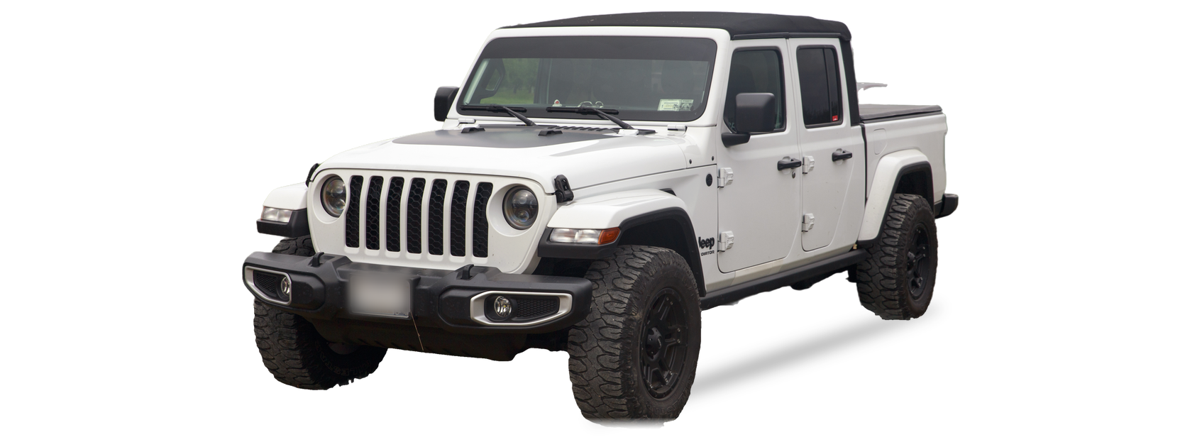 White Jeep Gladiator (JT generation) crew cab pickup, front three-quarter view, with the VIN locations marked