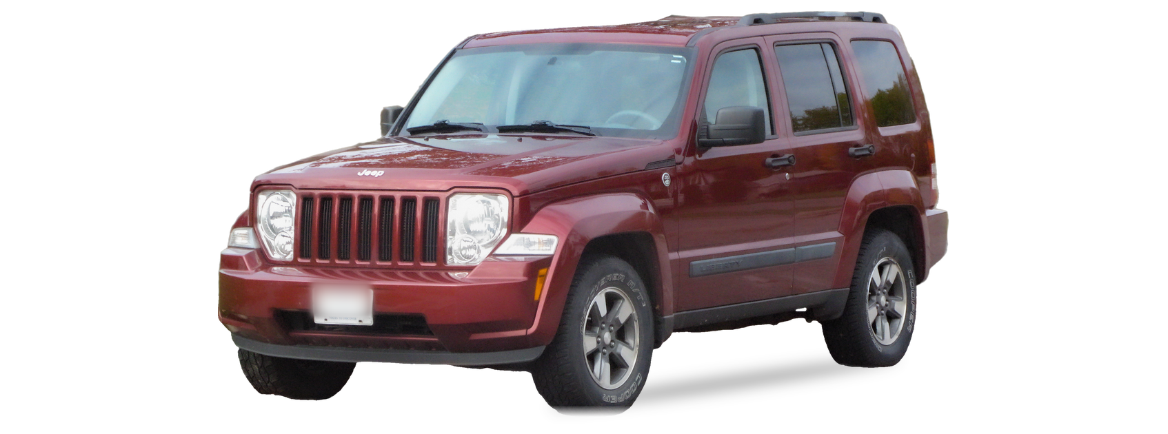 Red Jeep Liberty (second generation) SUV, front three-quarter view, with the VIN locations marked