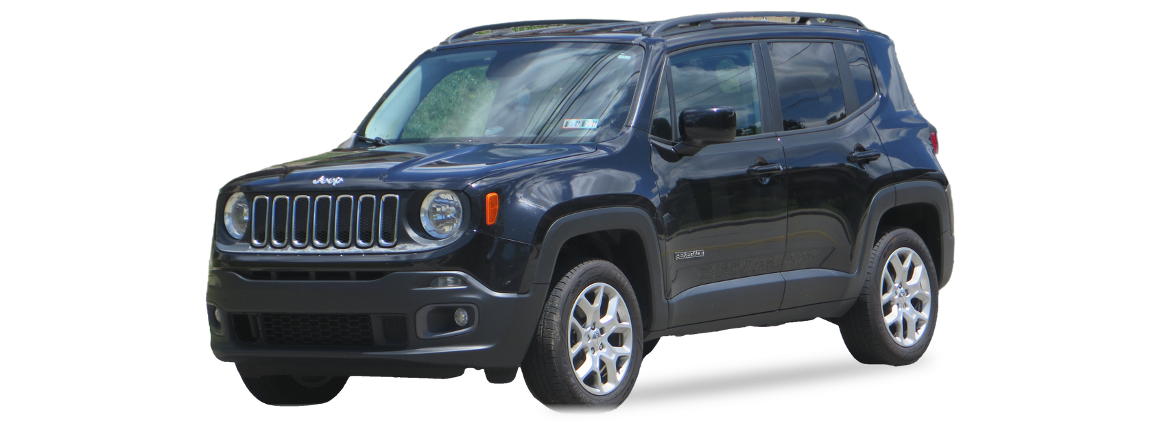 Black Jeep Renegade (first generation) SUV, front three-quarter view, with the VIN locations marked