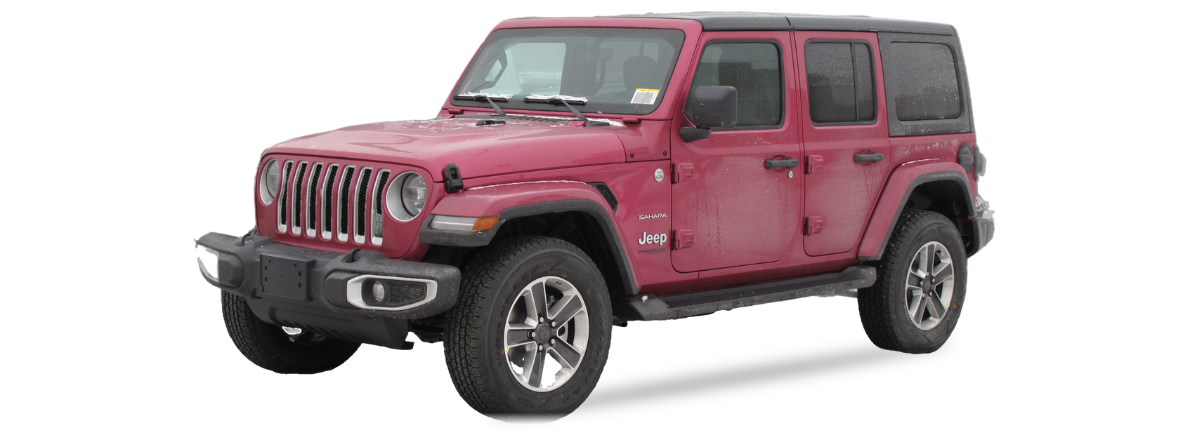 Jeep Wrangler rojo (generación JL), SUV, vista frontal de tres cuartos, con las ubicaciones del VIN marcadas