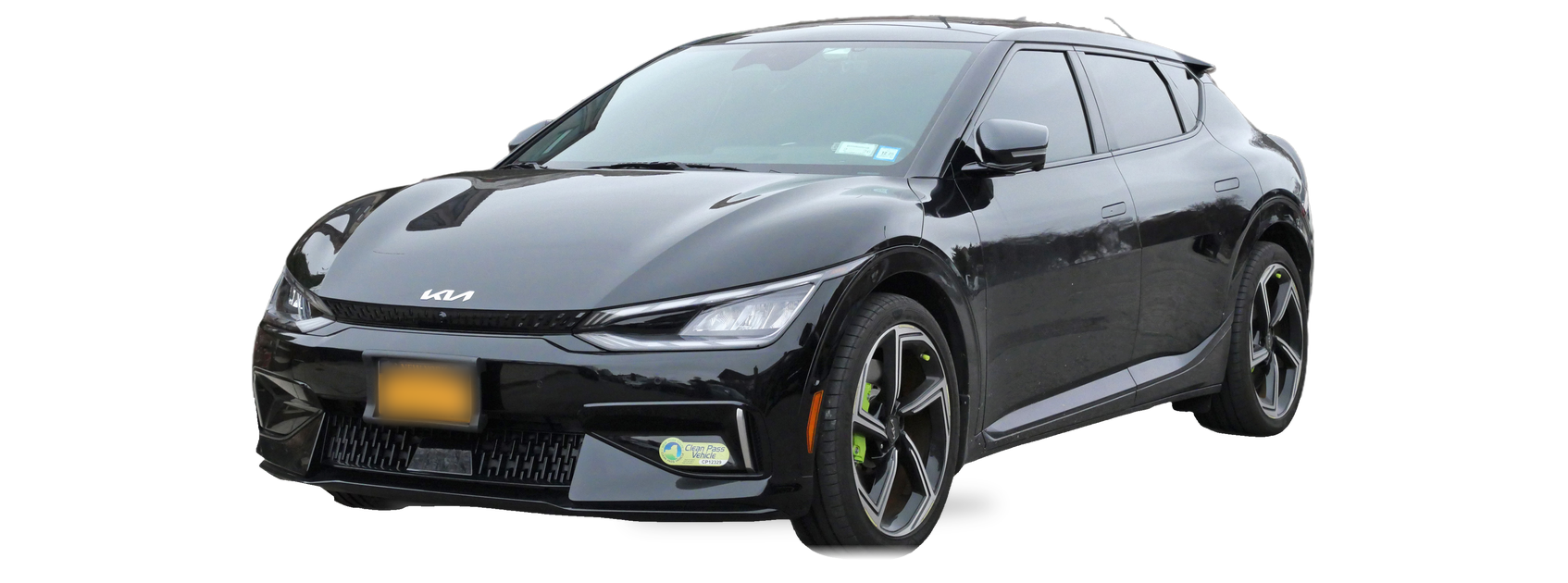 Black Kia EV6 (first generation) crossover, front three-quarter view, with the VIN locations marked