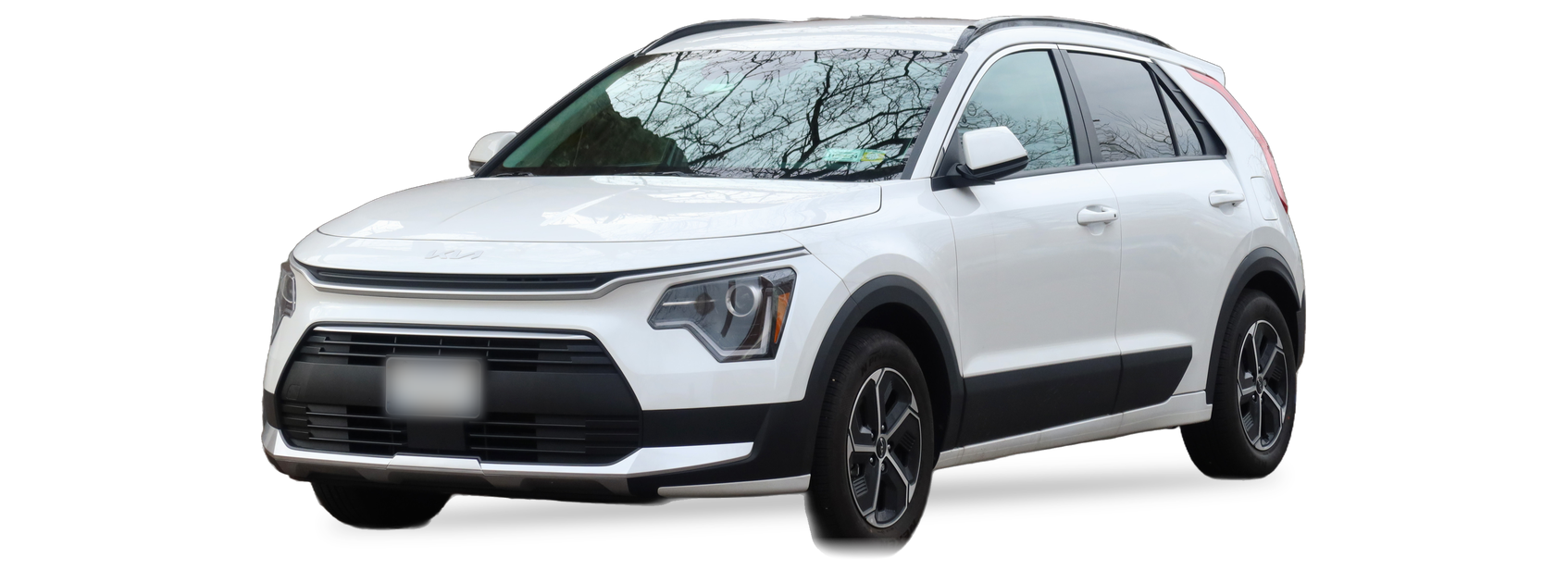 Kia Niro blanco (segunda generación), vista frontal de tres cuartos, con las ubicaciones del VIN marcadas