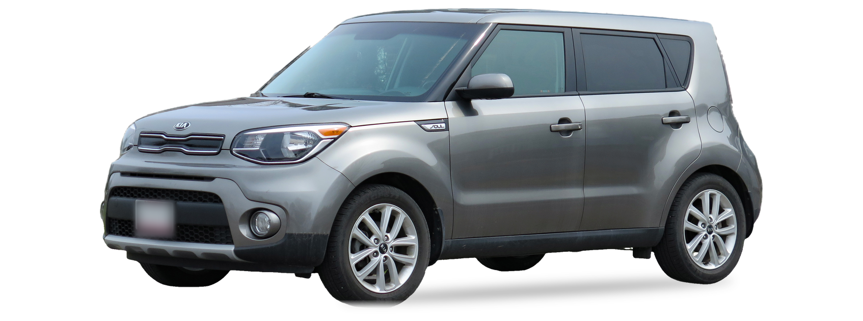 Kia Soul gris (segunda generación), hatchback, vista frontal de tres cuartos, con las ubicaciones del VIN marcadas