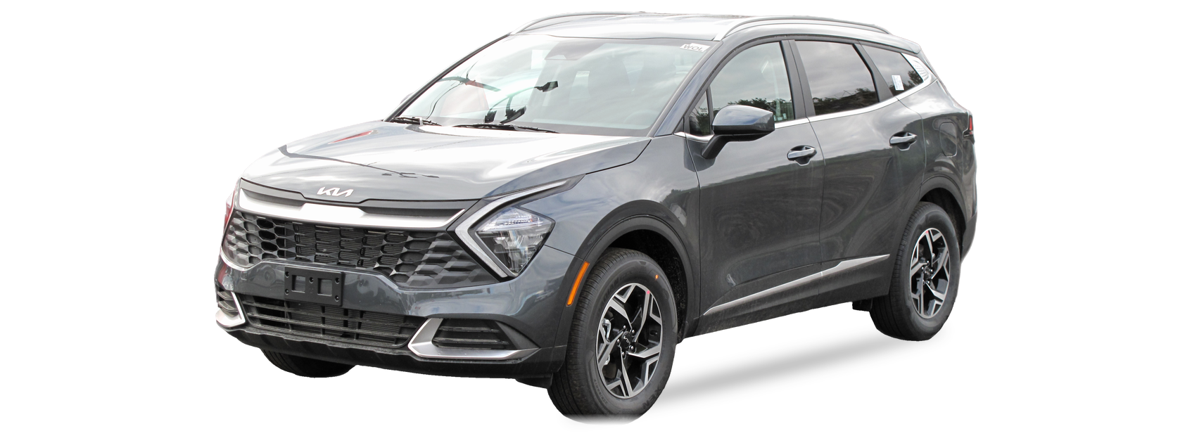 Kia Sportage gris (quinta generación), SUV, vista frontal de tres cuartos, con las ubicaciones del VIN marcadas