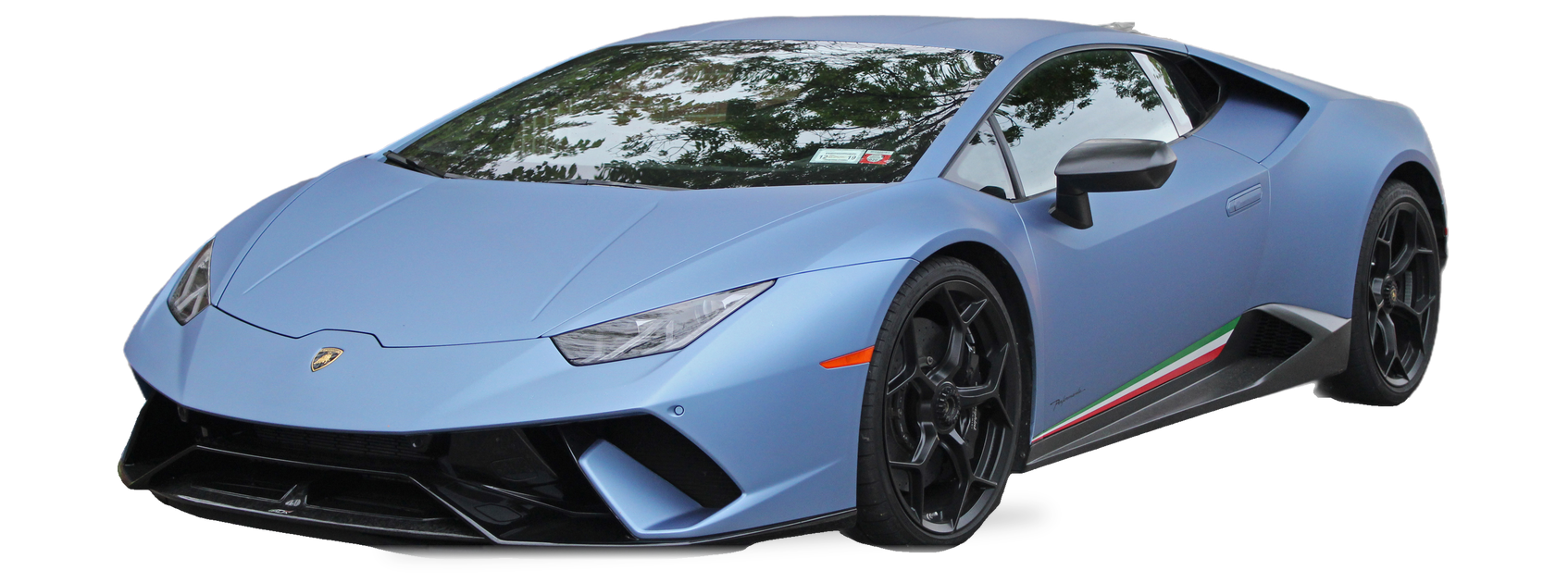 Light blue Lamborghini Huracan (LB724) coupe, front three-quarter view, with the VIN locations marked