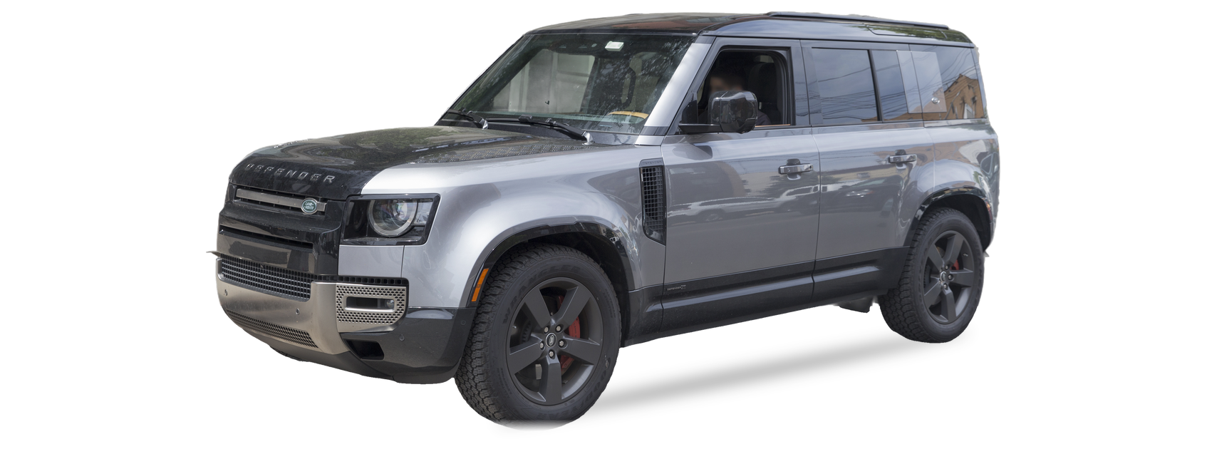 Land Rover Defender plateado (segunda generación), SUV, vista frontal de tres cuartos, con las ubicaciones del VIN marcadas