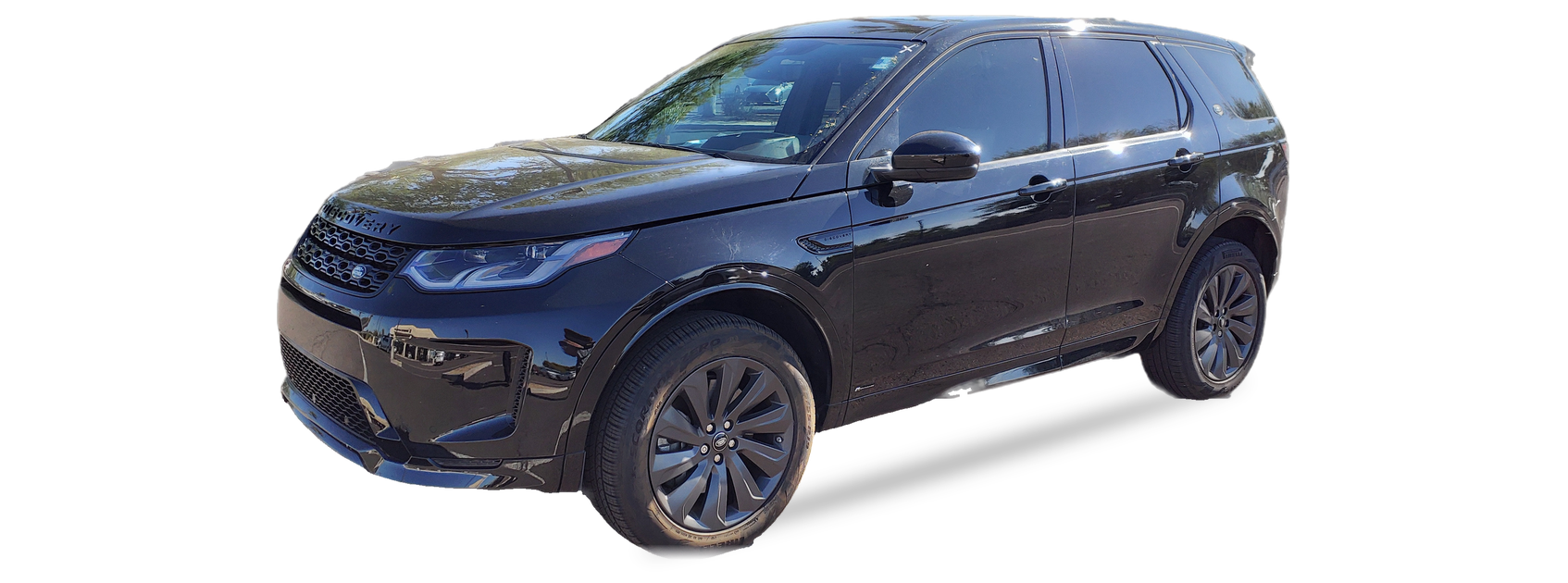 Land Rover Discovery Sport negro (primera generación), SUV, vista frontal de tres cuartos, con las ubicaciones del VIN marcadas
