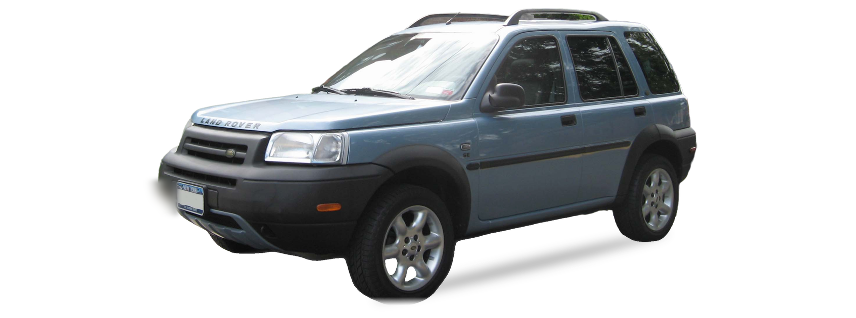 Light blue Land Rover Freelander (first generation) SUV, front three-quarter view, with the VIN locations marked