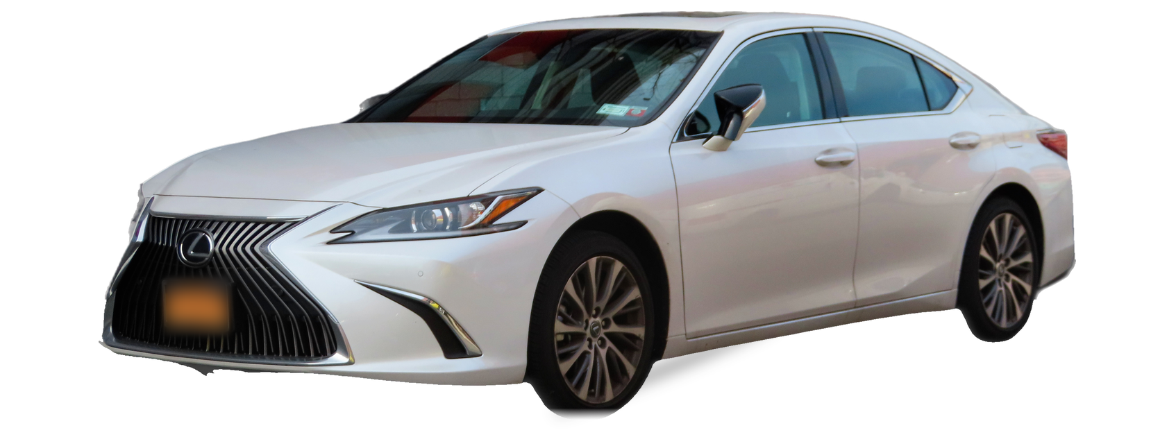 Silver Lexus ES (seventh generation) sedan, front three-quarter view, with the VIN locations marked
