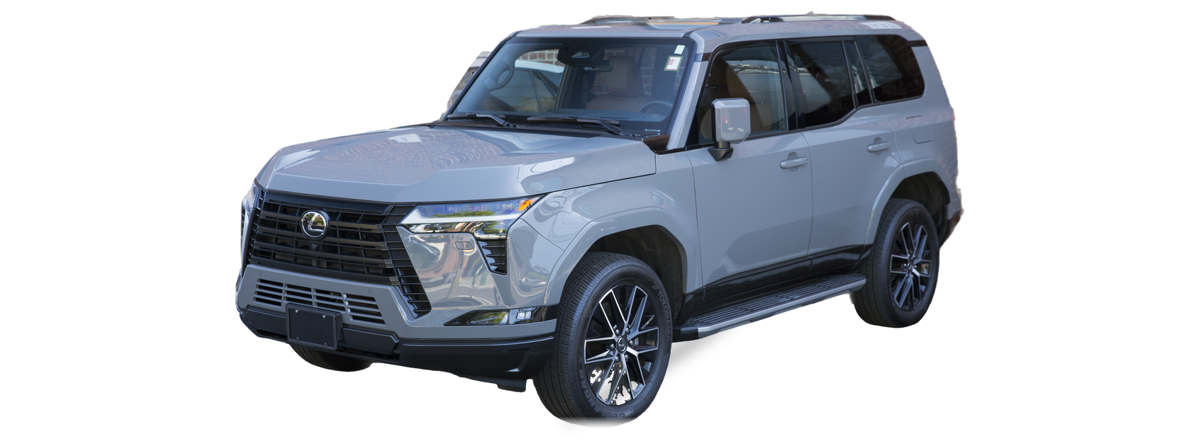 Grey Lexus GX (third generation) SUV, front three-quarter view, with the VIN locations marked