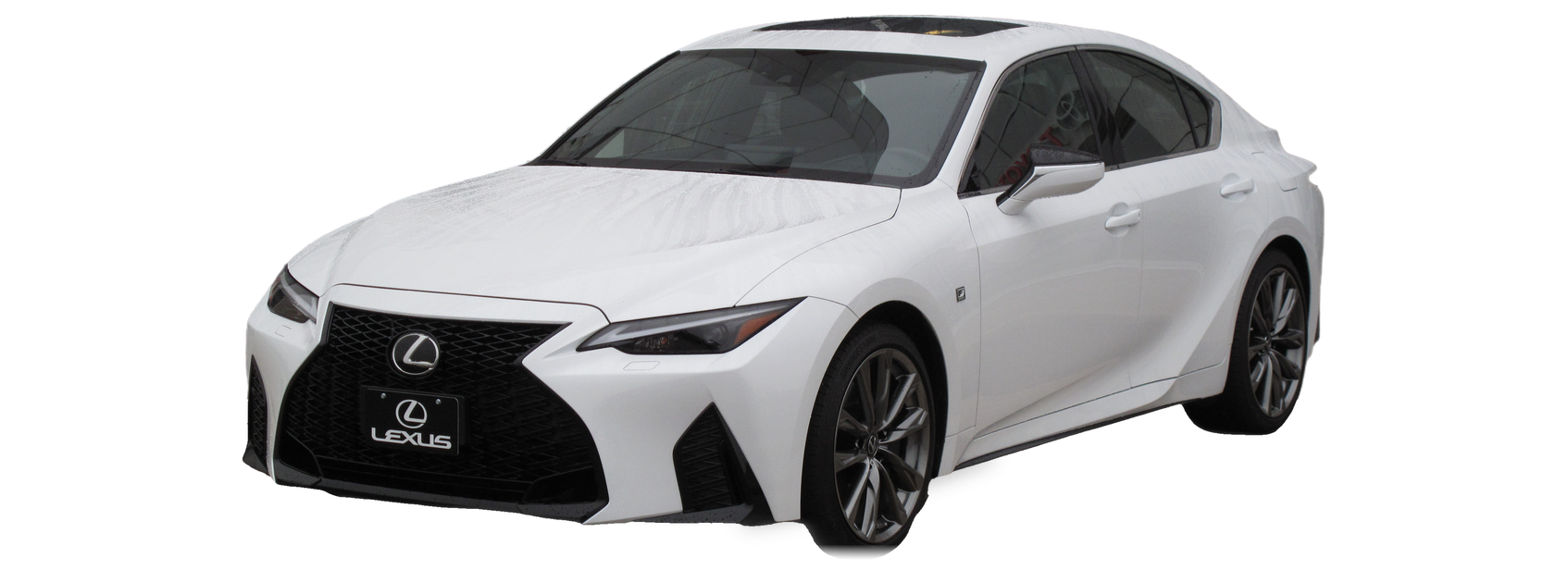 White Lexus IS (third generation) sedan, front three-quarter view, with the VIN locations marked