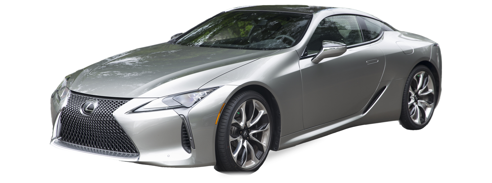 Silver Lexus LC (first generation) coupe, front three-quarter view, with the VIN locations marked