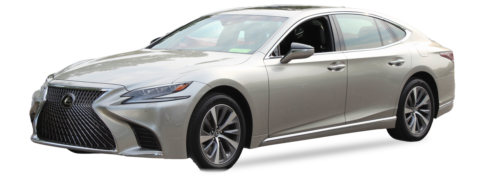 Beige Lexus LS (fifth generation) sedan, front three-quarter view, with the VIN locations marked