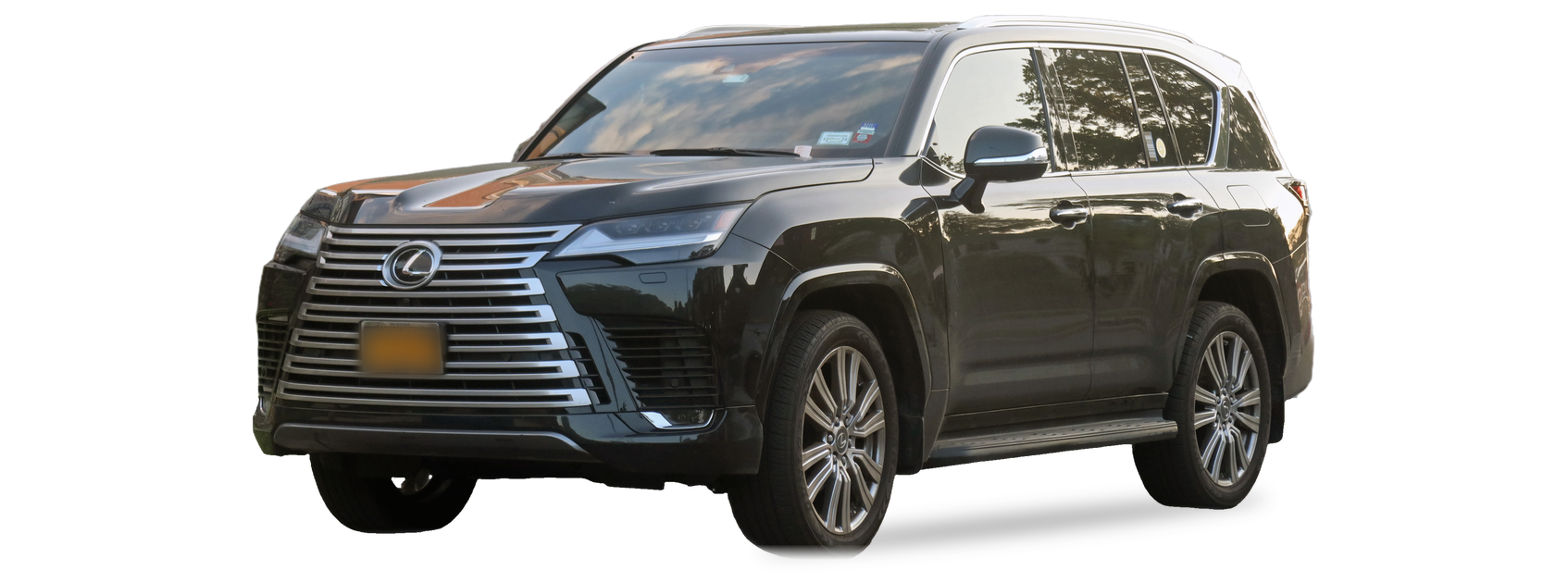 Lexus LX negro (cuarta generación), SUV, vista frontal de tres cuartos, con las ubicaciones del VIN marcadas