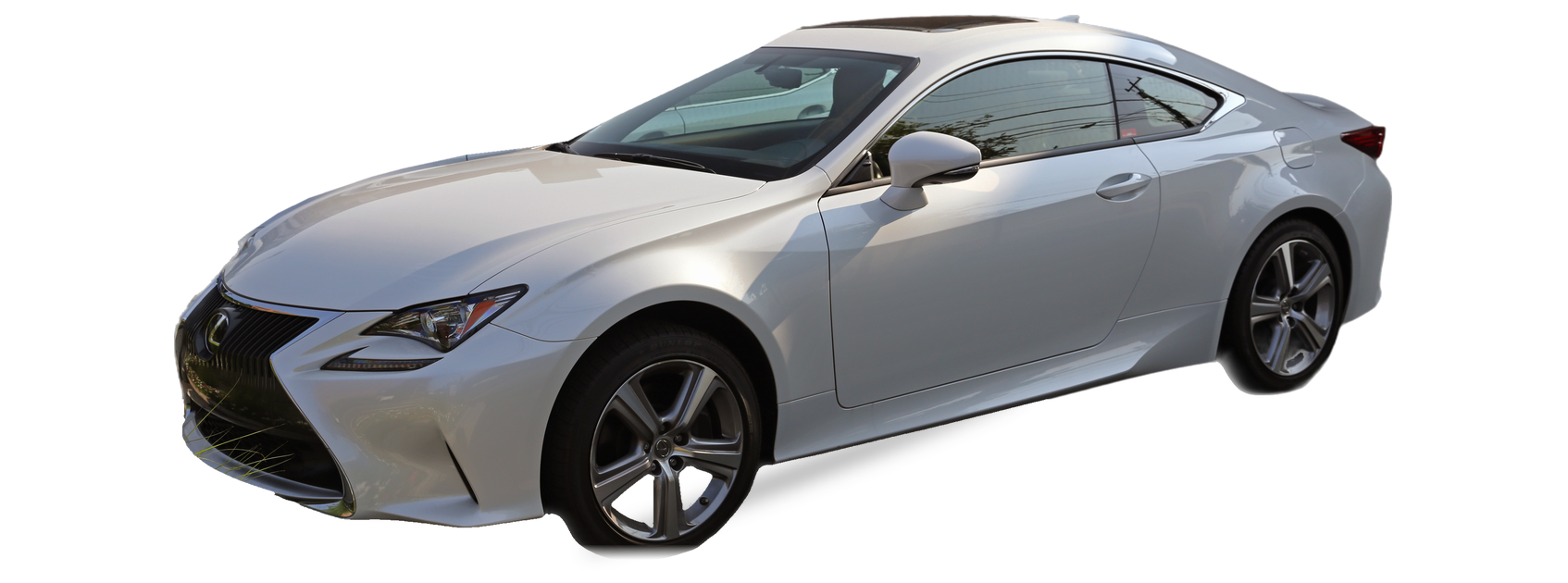 Silver Lexus RC (first generation) coupe, front three-quarter view, with the VIN locations marked