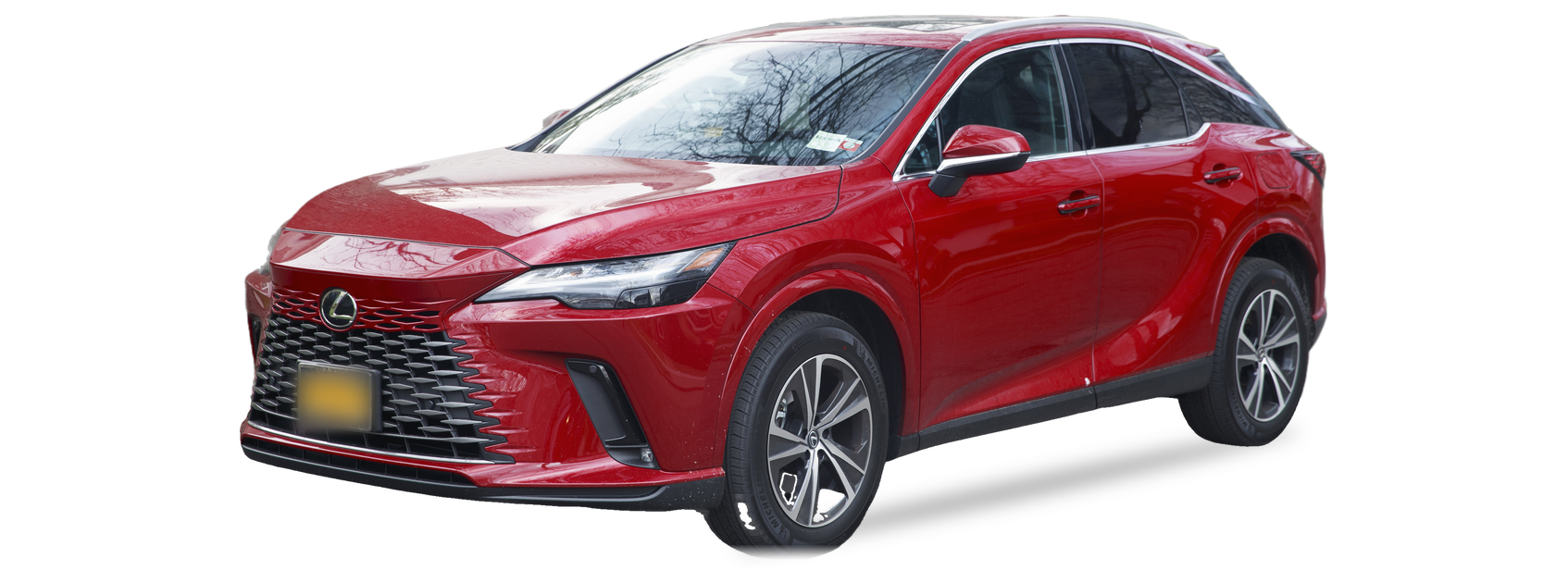 Red Lexus RX (fifth generation) SUV, front three-quarter view, with the VIN locations marked