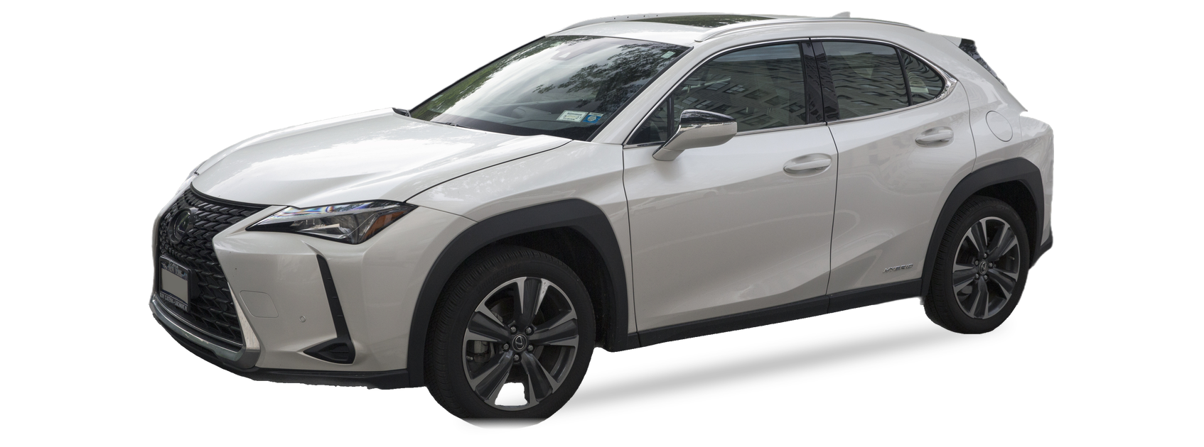 Lexus UX blanco (primera generación), SUV, vista frontal de tres cuartos, con las ubicaciones del VIN marcadas