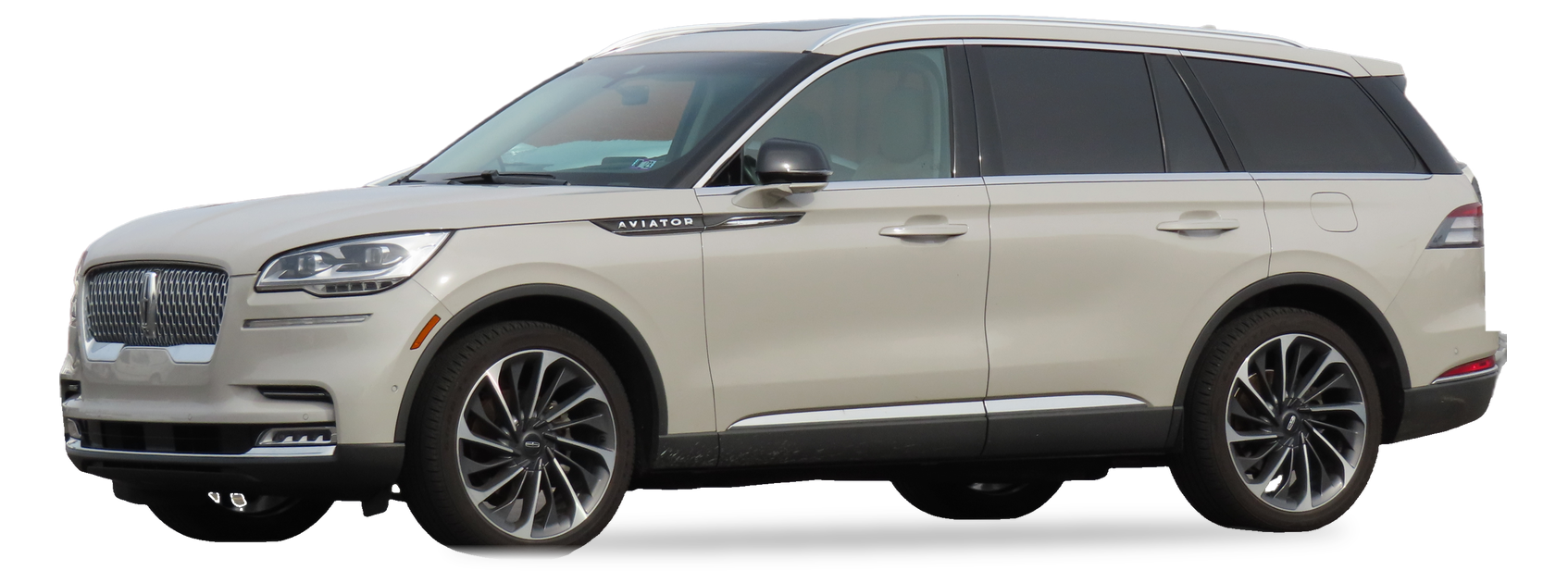 Lincoln Aviator beis (segunda generación), SUV, vista frontal de tres cuartos, con las ubicaciones del VIN marcadas
