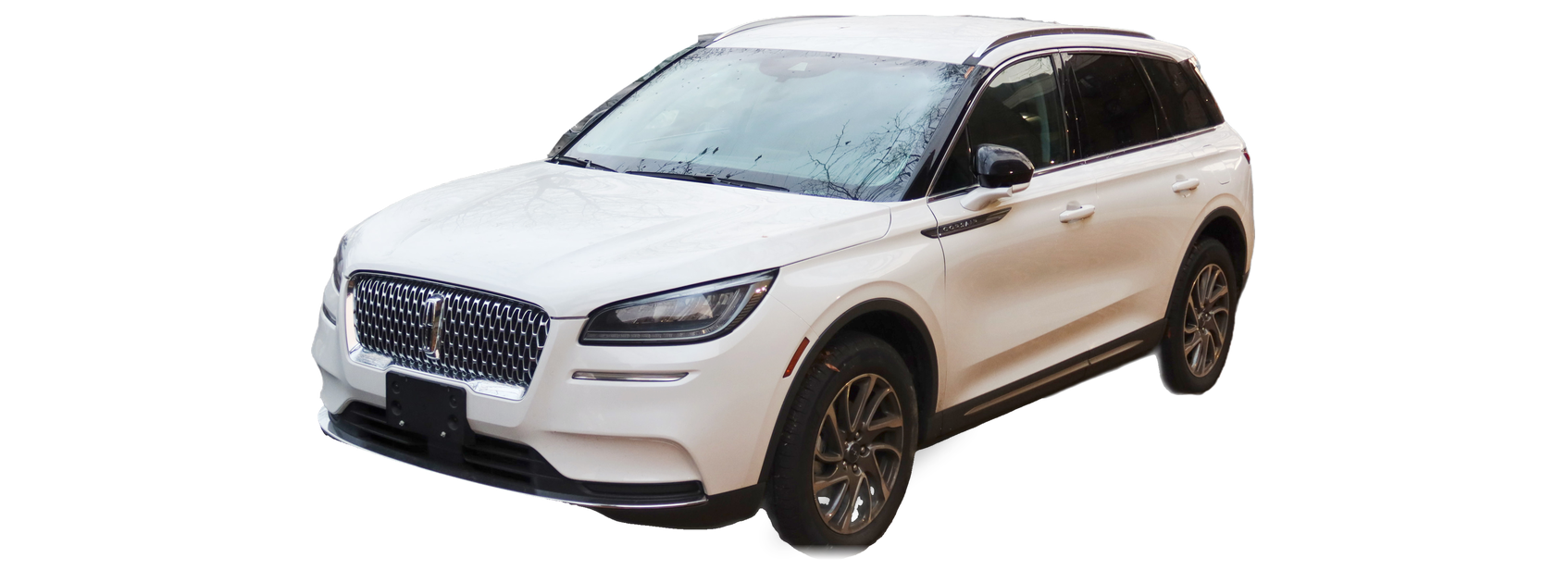 White Lincoln Corsair (first generation) SUV, front three-quarter view, with the VIN locations marked