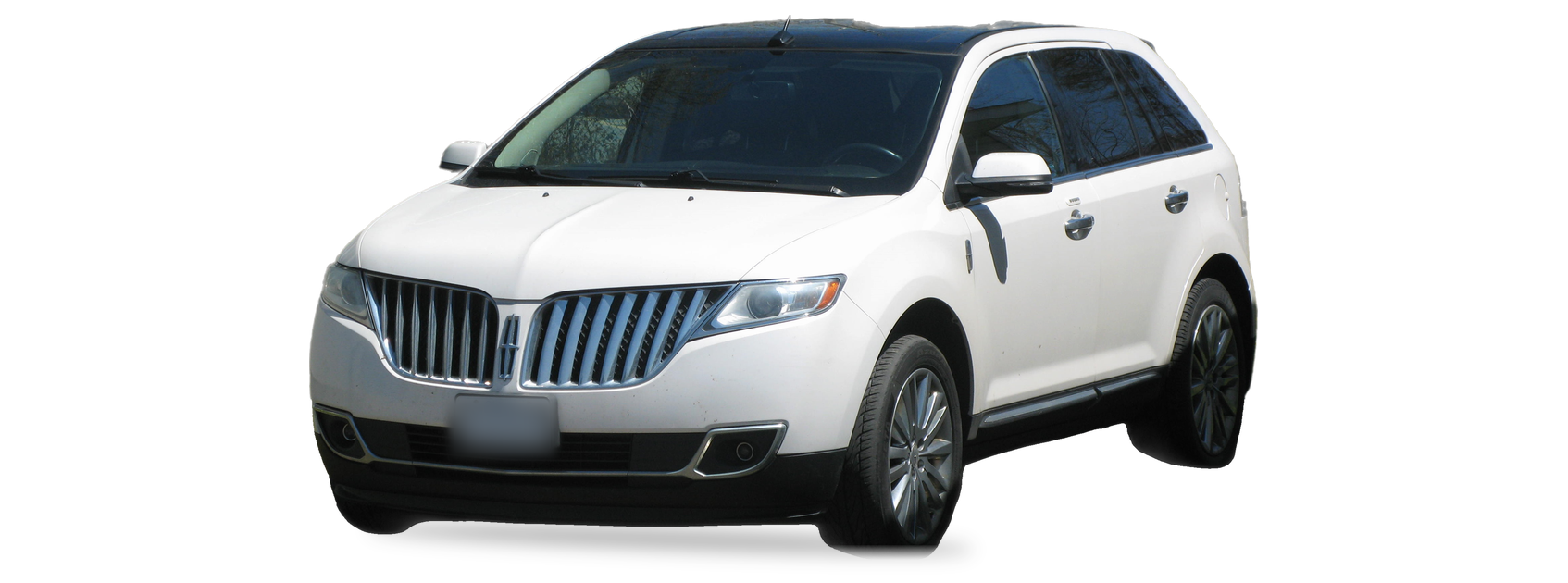 Lincoln MKX blanco (primera generación), SUV, vista frontal de tres cuartos, con las ubicaciones del VIN marcadas