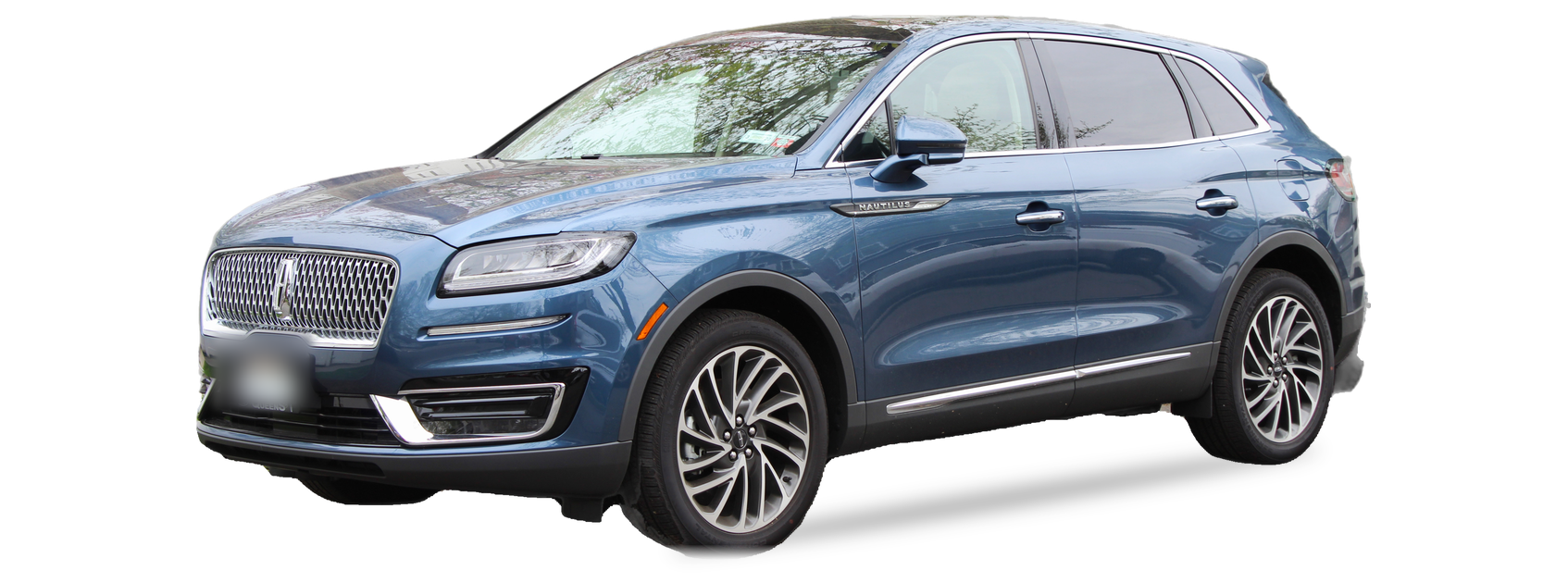 Lincoln Nautilus azul (primera generación), SUV, vista frontal de tres cuartos, con las ubicaciones del VIN marcadas