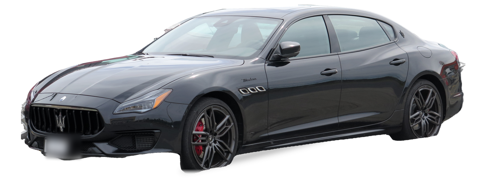 Maserati Quattroporte negro (sexta generación), sedán, vista frontal de tres cuartos, con las ubicaciones del VIN marcadas