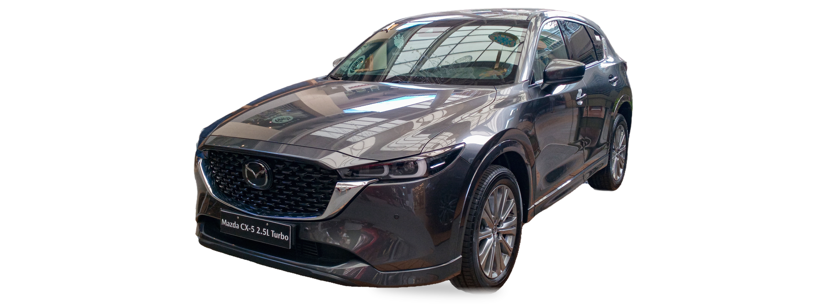 Gray Mazda CX-5 (second generation) SUV, front three-quarter view, with the VIN locations marked