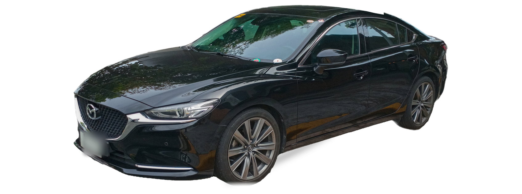 Black Mazda Mazda6 (third generation) sedan, front three-quarter view, with the VIN locations marked