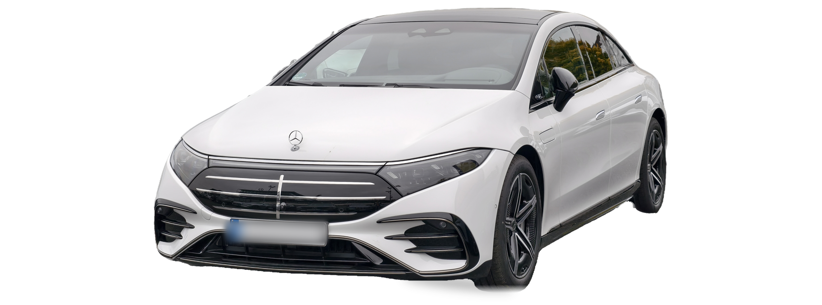 Mercedes-Benz EQS blanco (primera generación), sedán, vista frontal de tres cuartos, con las ubicaciones del VIN marcadas