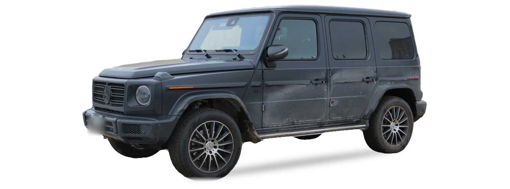 Mercedes-Benz G-Class negro mate (generación W463A), SUV, vista frontal de tres cuartos, con las ubicaciones del VIN marcadas