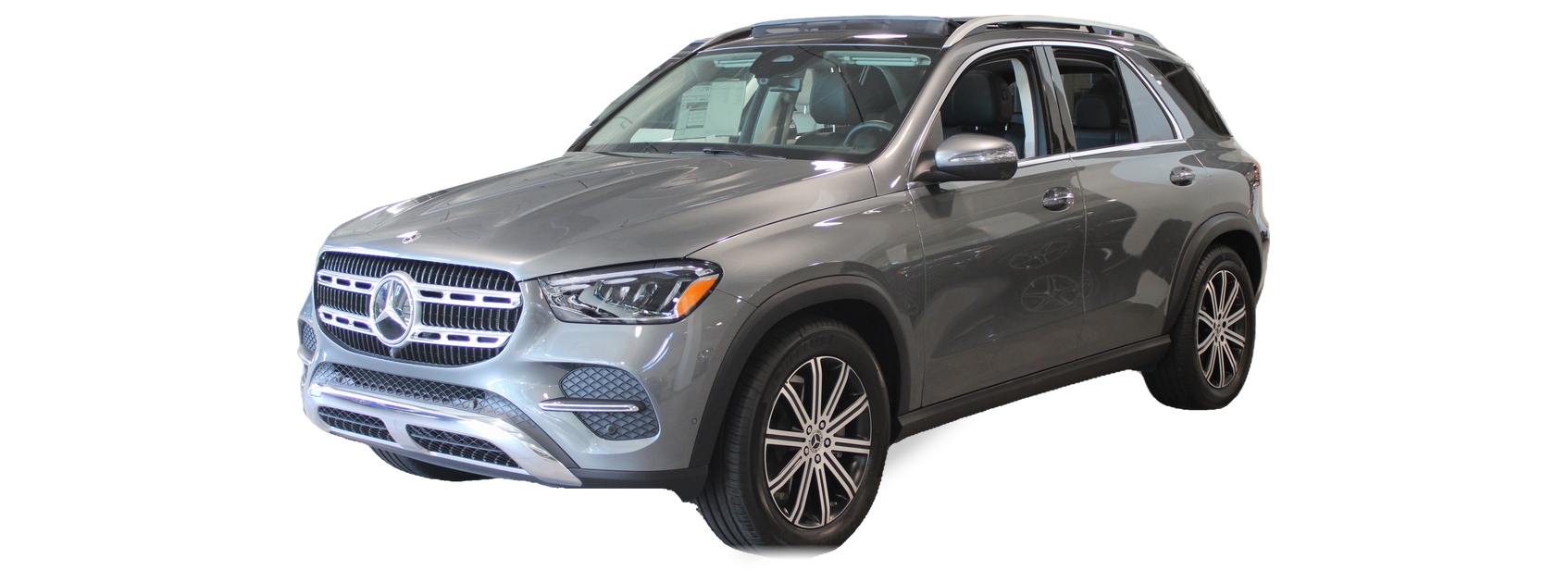 Gray Mercedes-Benz GLE (second generation) SUV, front three-quarter view, with the VIN locations marked