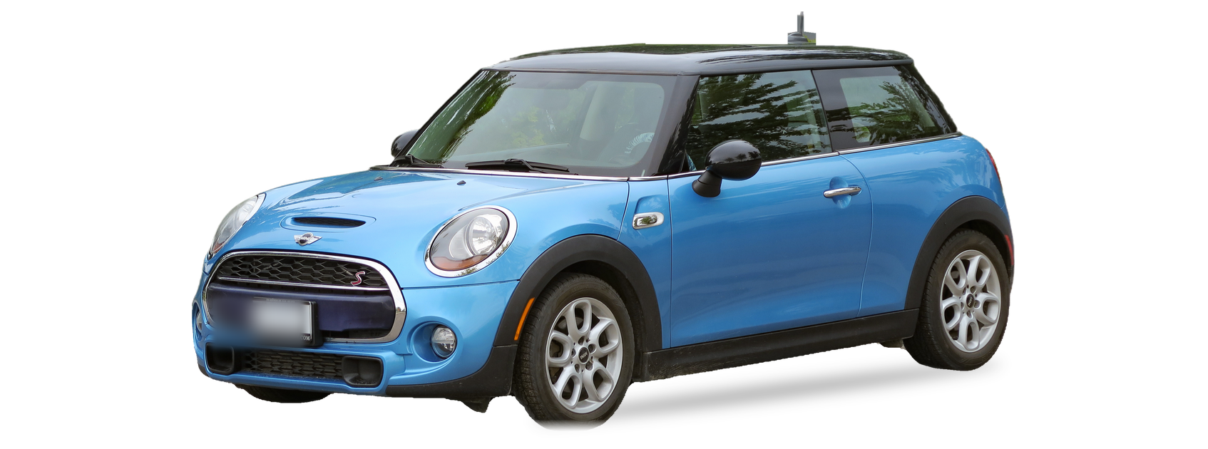 MINI Cooper azul (tercera generación), hatchback, vista frontal de tres cuartos, con las ubicaciones del VIN marcadas