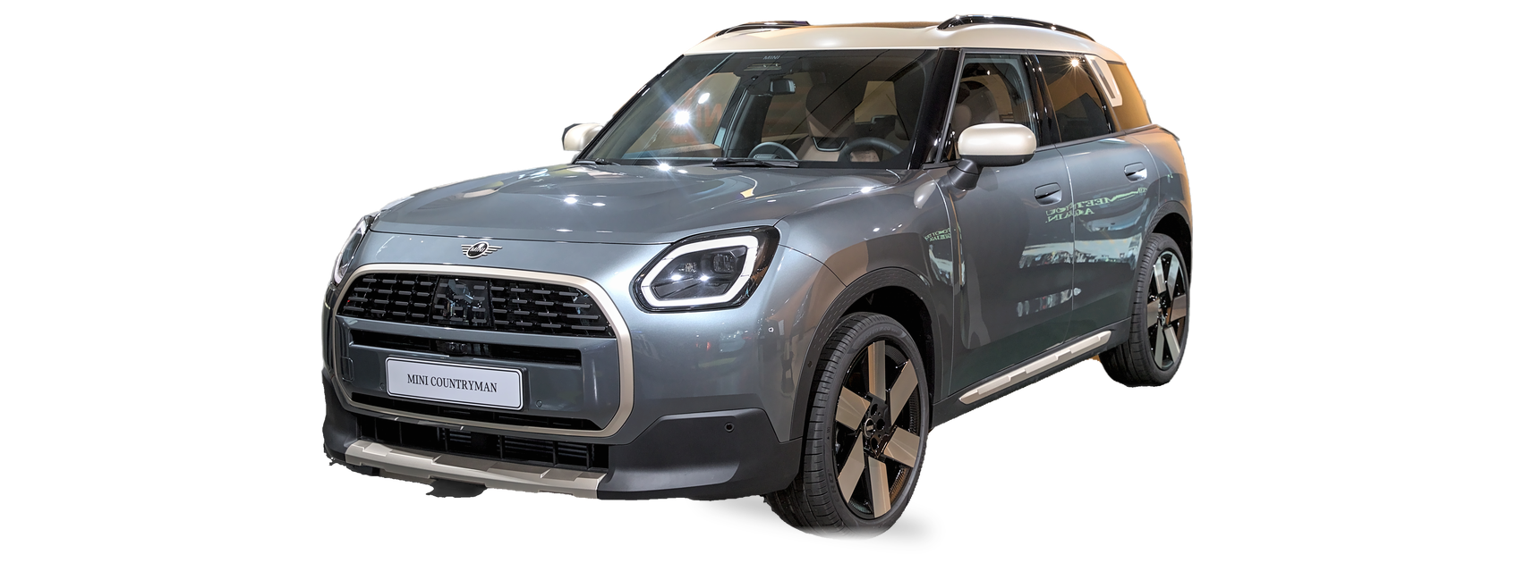 Gray MINI Countryman (third generation) SUV, front three-quarter view, with the VIN locations marked