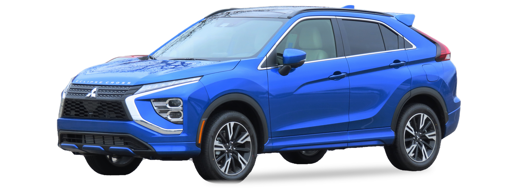 Blue Mitsubishi Eclipse Cross (first generation) SUV, front three-quarter view, with the VIN locations marked