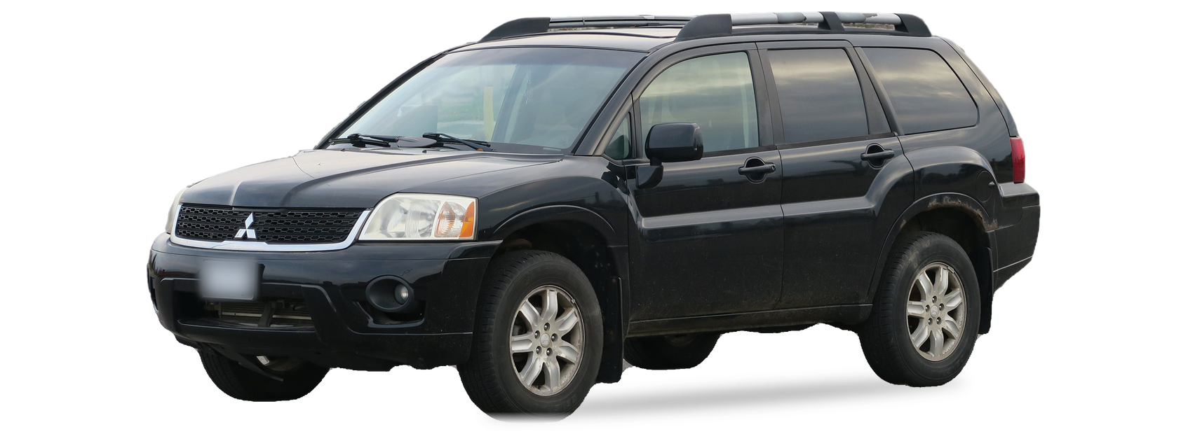 Black Mitsubishi Endeavor (first generation) SUV, front three-quarter view, with the VIN locations marked
