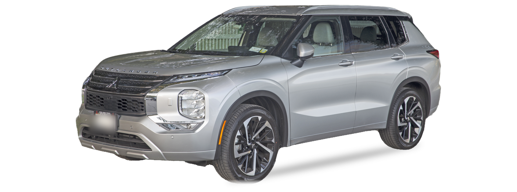 Silver Mitsubishi Outlander (fourth generation) SUV, front three-quarter view, with the VIN locations marked