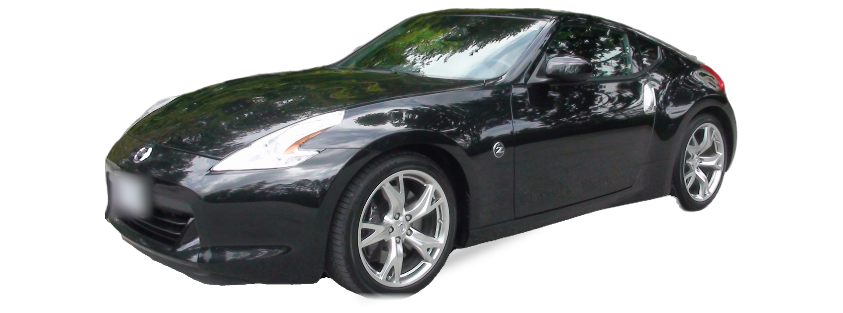 Nissan 370Z negro (generación Z34), cupé, vista frontal de tres cuartos, con las ubicaciones del VIN marcadas