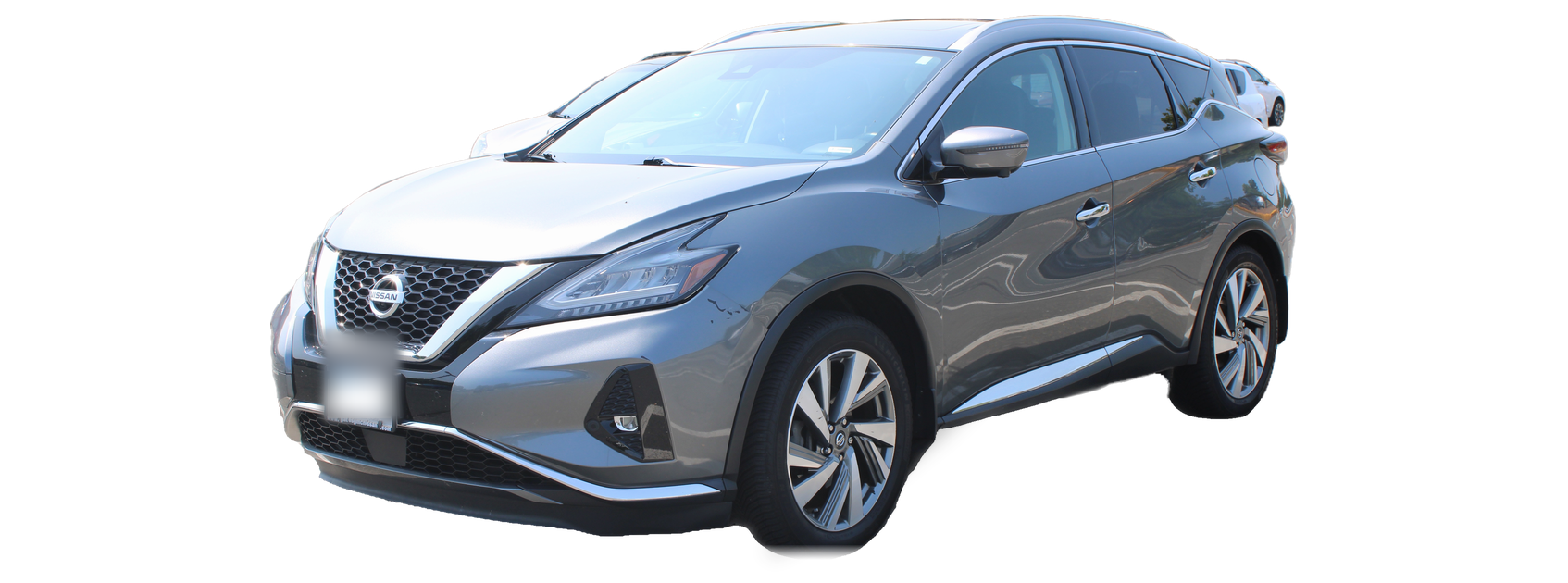 Nissan Murano gris (tercera generación), SUV, vista frontal de tres cuartos, con las ubicaciones del VIN marcadas