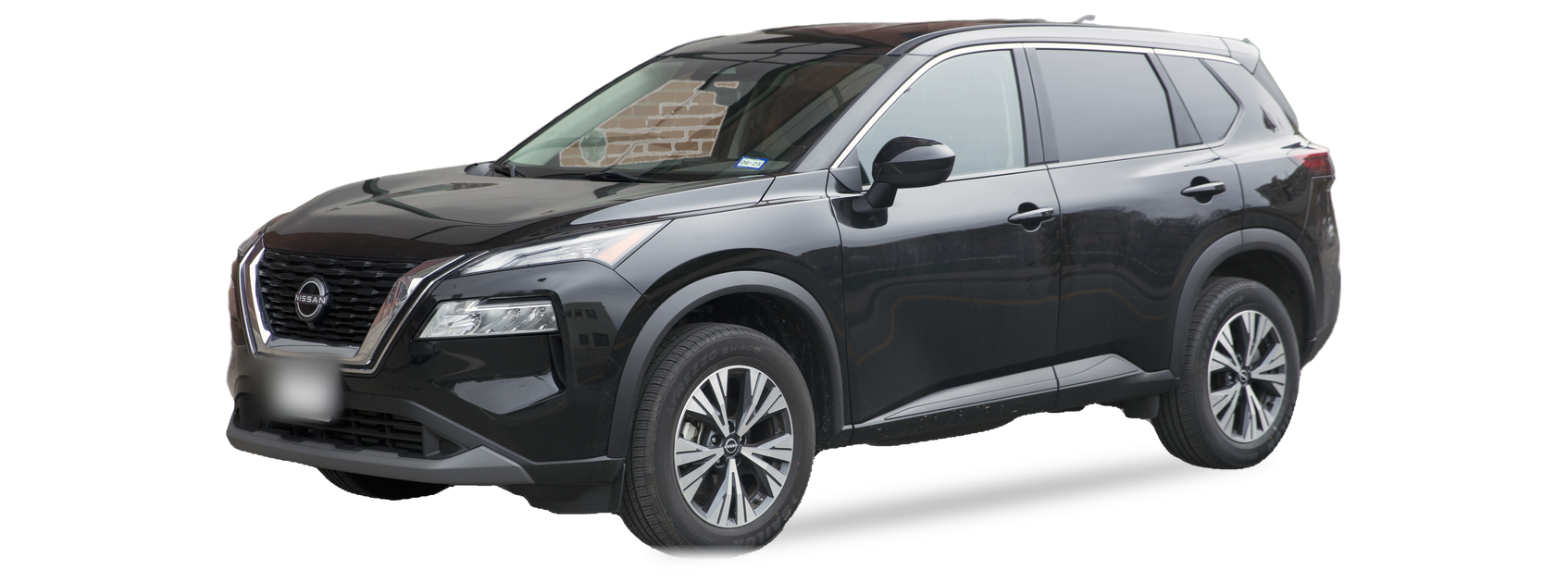 Nissan Rogue negro (tercera generación), SUV, vista frontal de tres cuartos, con las ubicaciones del VIN marcadas