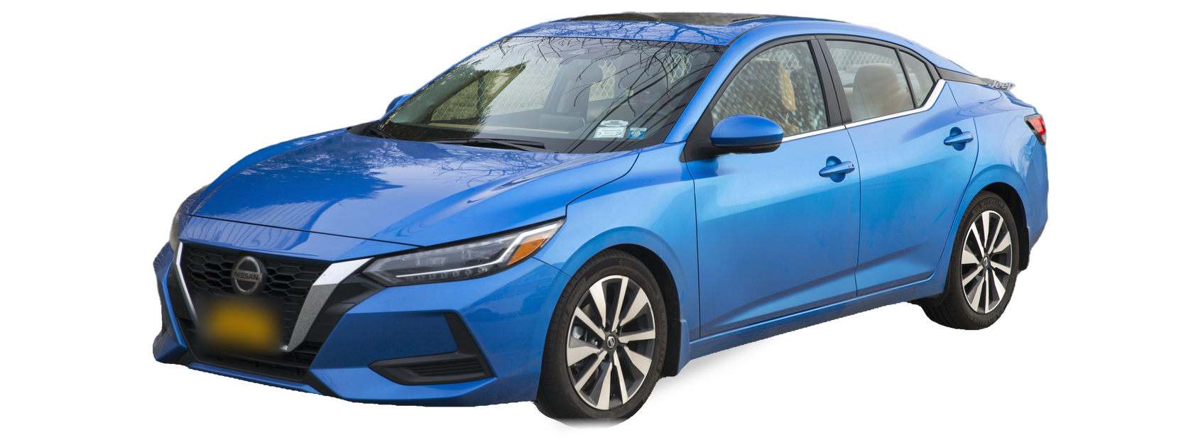 Nissan Sentra azul (octava generación), sedán, vista frontal de tres cuartos, con las ubicaciones del VIN marcadas