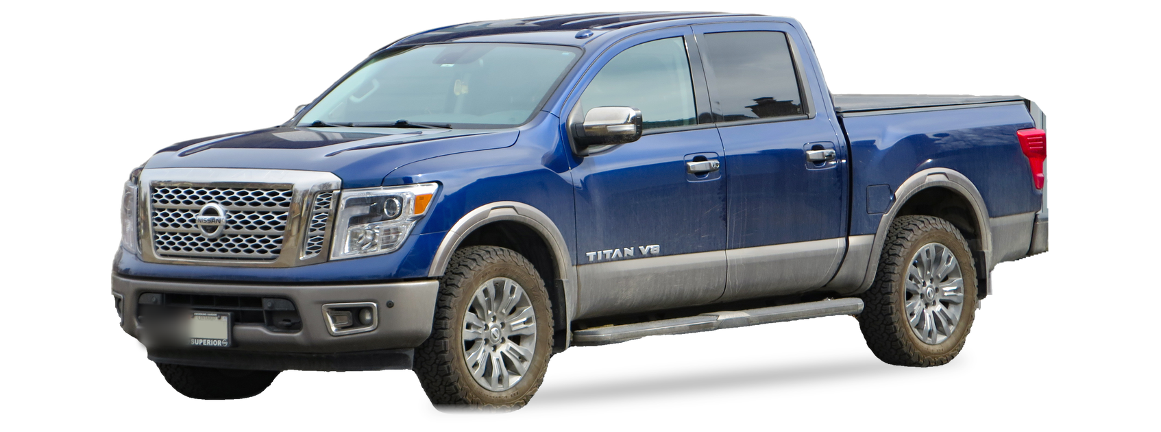 Nissan Titan azul (segunda generación), pickup doble cabina, vista frontal de tres cuartos, con las ubicaciones del VIN marcadas