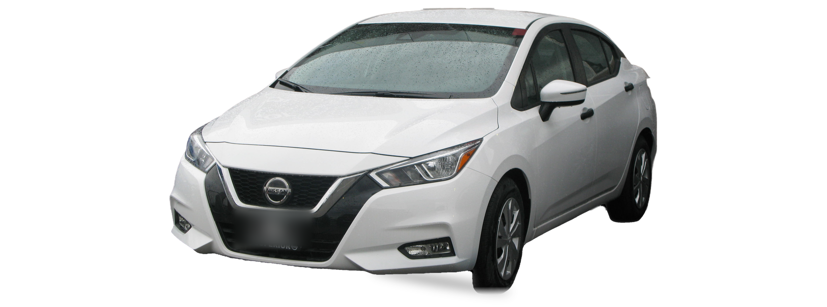 White Nissan Versa (third generation) sedan, front three-quarter view, with the VIN locations marked