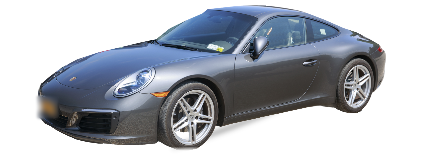 Gray Porsche 911 (seventh generation) coupe, front three-quarter view, with the VIN locations marked