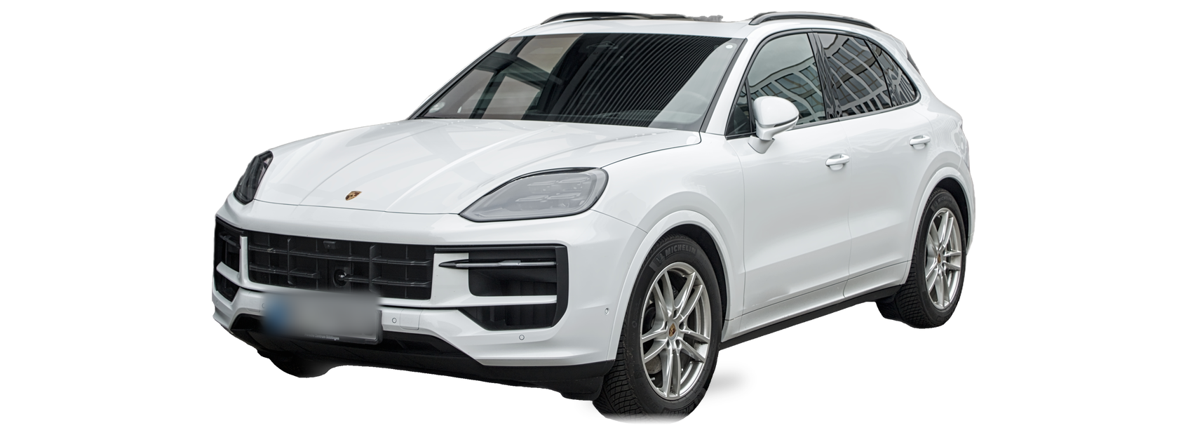 Porsche Cayenne blanco (tercera generación), SUV, vista frontal de tres cuartos, con las ubicaciones del VIN marcadas