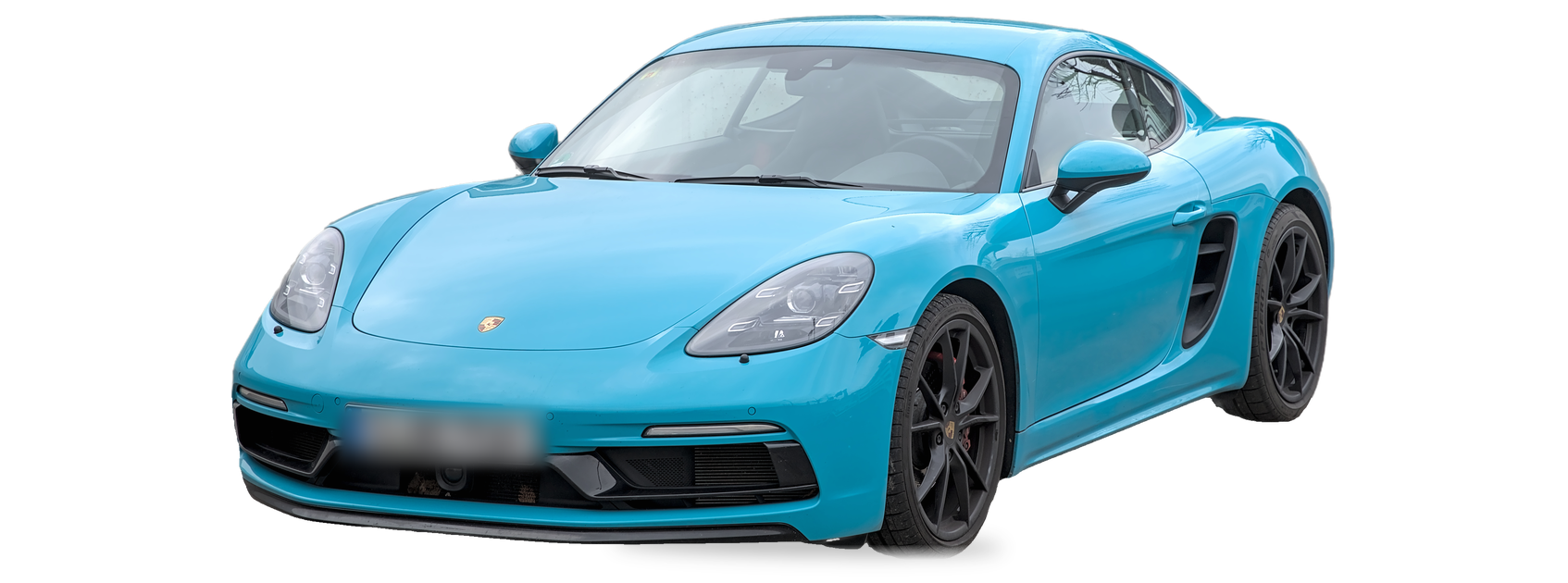 Blue Porsche Cayman (fourth generation) coupe, front three-quarter view, with the VIN locations marked