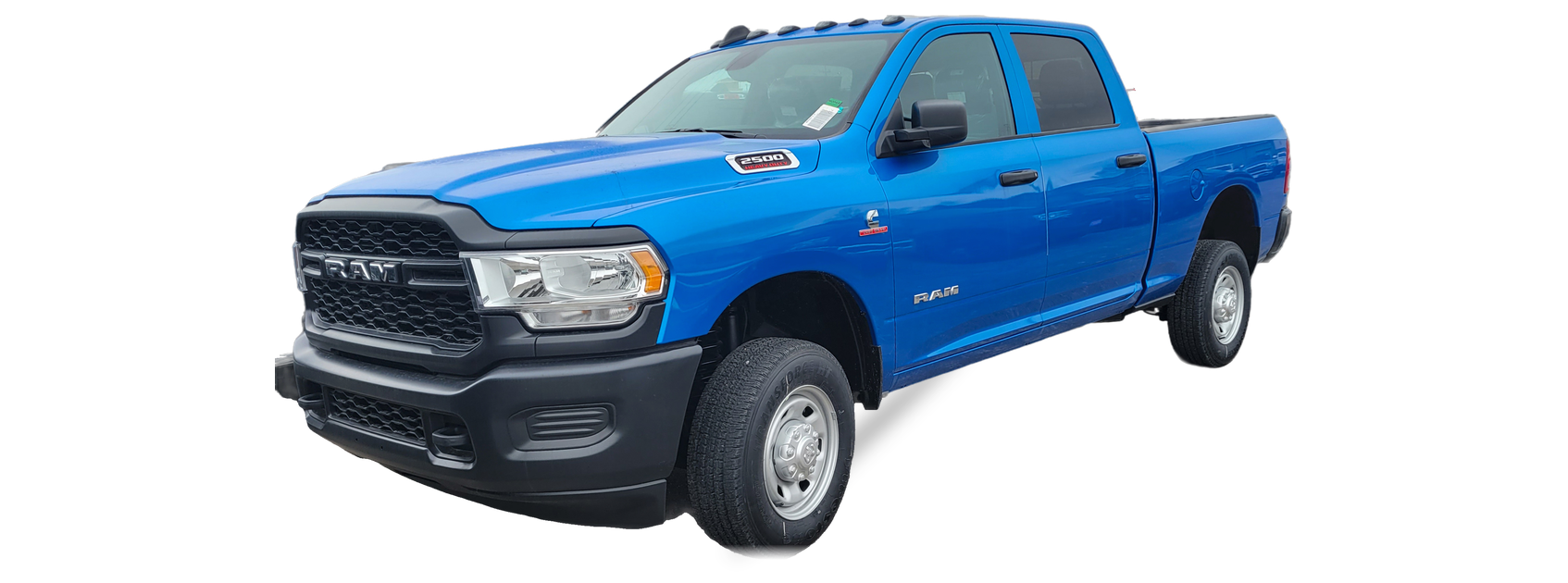 Blue Ram 2500 (fifth generation) crew cab pickup, front three-quarter view, with the VIN locations marked