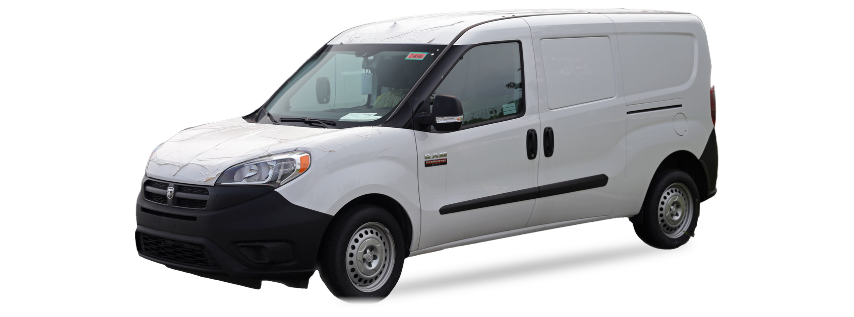 White Ram ProMaster City (first generation) compact cargo van, front three-quarter view, with the VIN locations marked